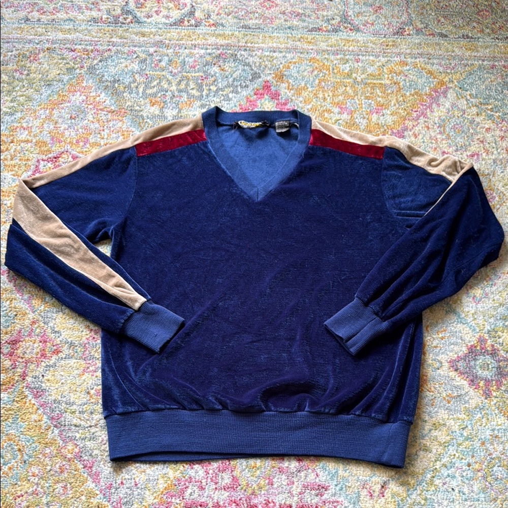 VTG Sears Sportswear Disco Velour Blue and Tan V-Neck Sweater Size M